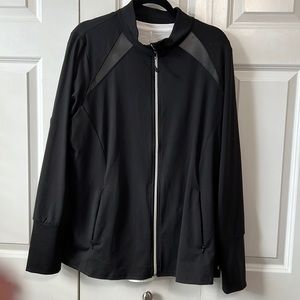 Zip up Athleisure style jacket with sheer panels and neckline and in the back